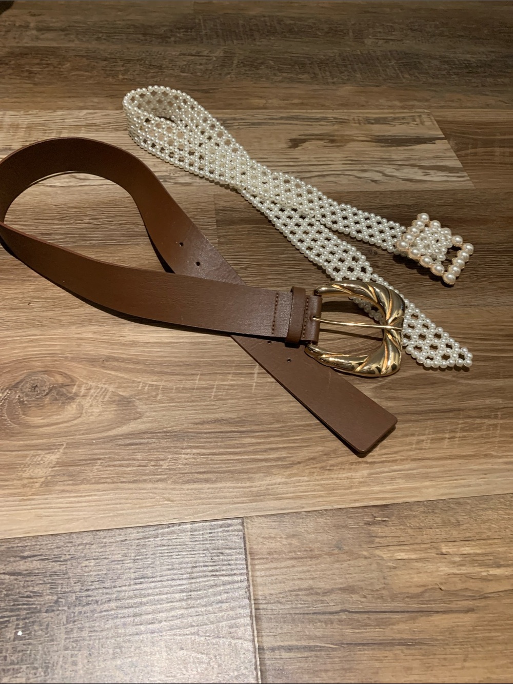 Zara Brown Leather Belt with White Pearl-Style Beaded Belt